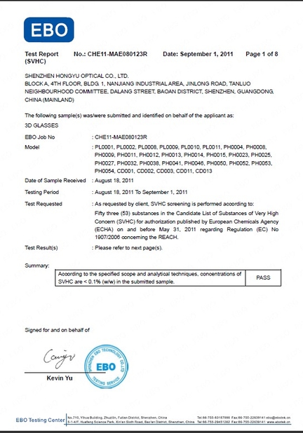 China SHENZHEN HONY OPTICAL CO.,LTD certification